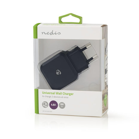 Nedis | Poweradapter | Wandoplader | 4,8 A | 2 uitgangen | USB-A | Zwart
